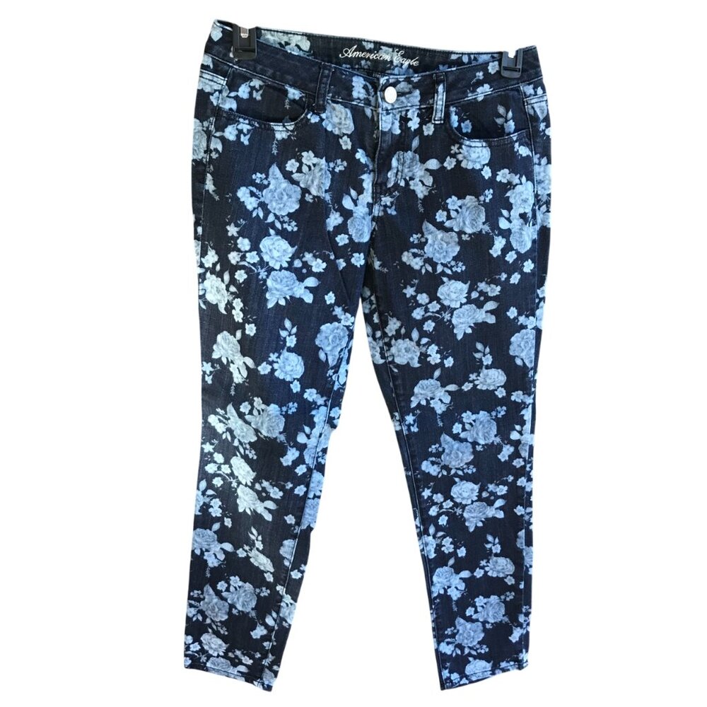 Cropped Ankle Jeans, Floral Print on Stretchy Denim Blend American Eagle Size 10